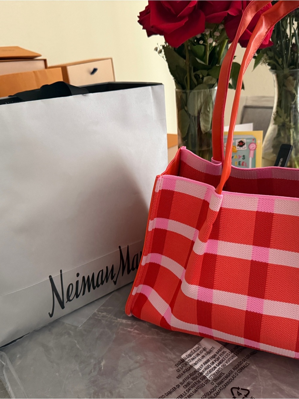 NEW! Coral and Pink Plaid Knitted Tote Bag from Beach bag from Neiman Marcus